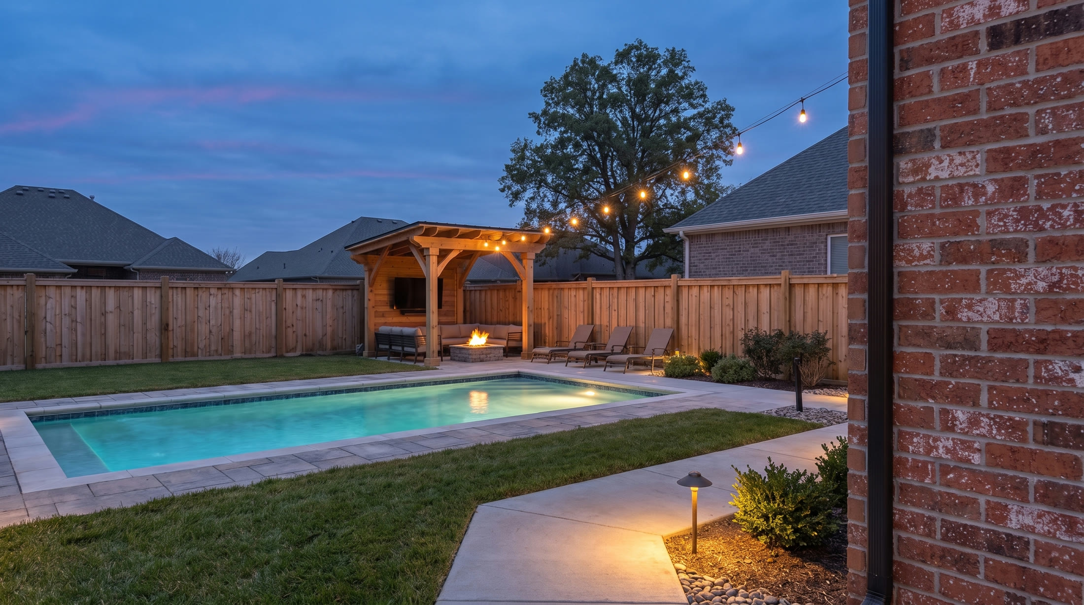 Backyard with a heated pool at dusk