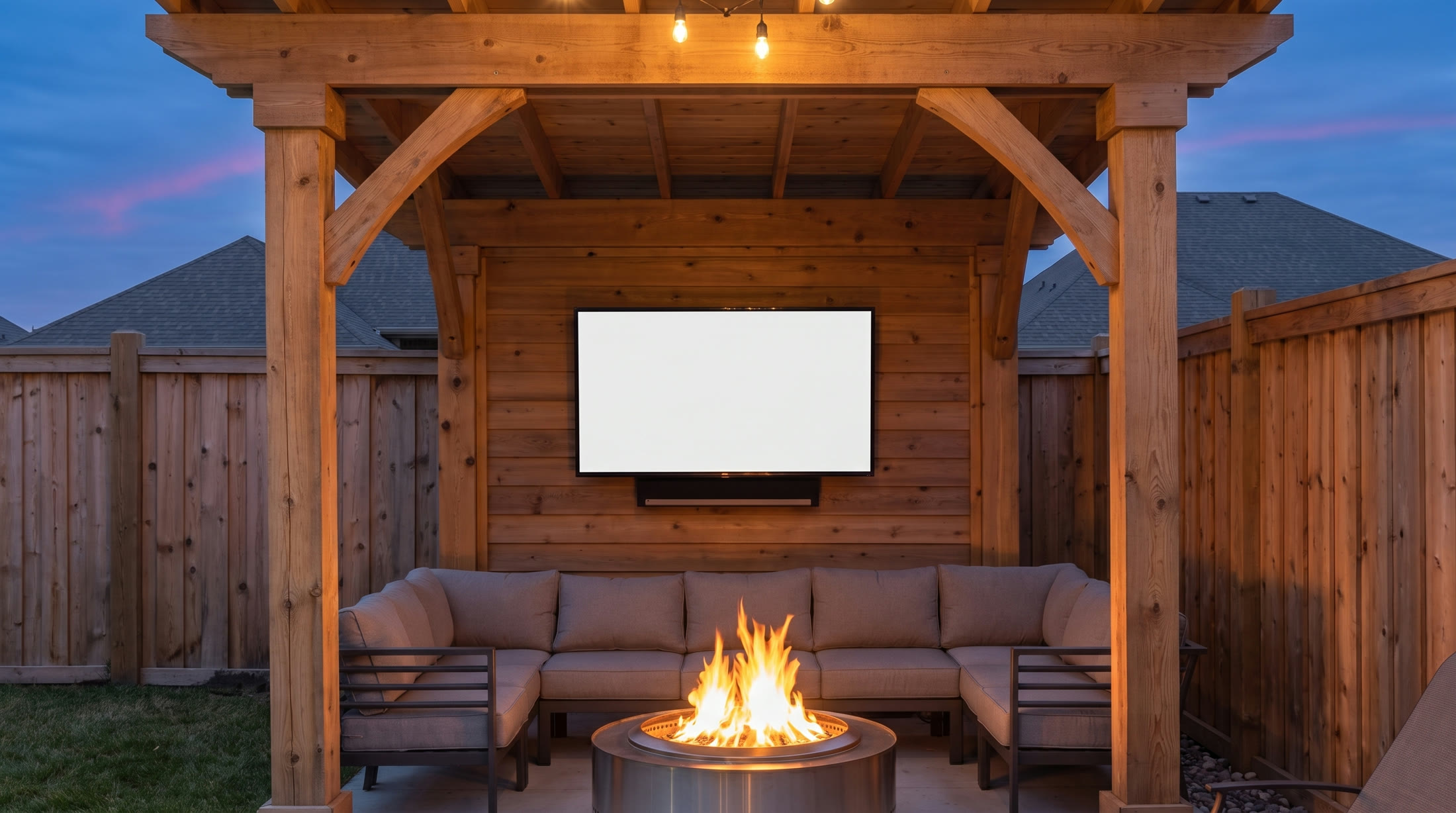 Covered cabana with a fire pit and outdoor TV