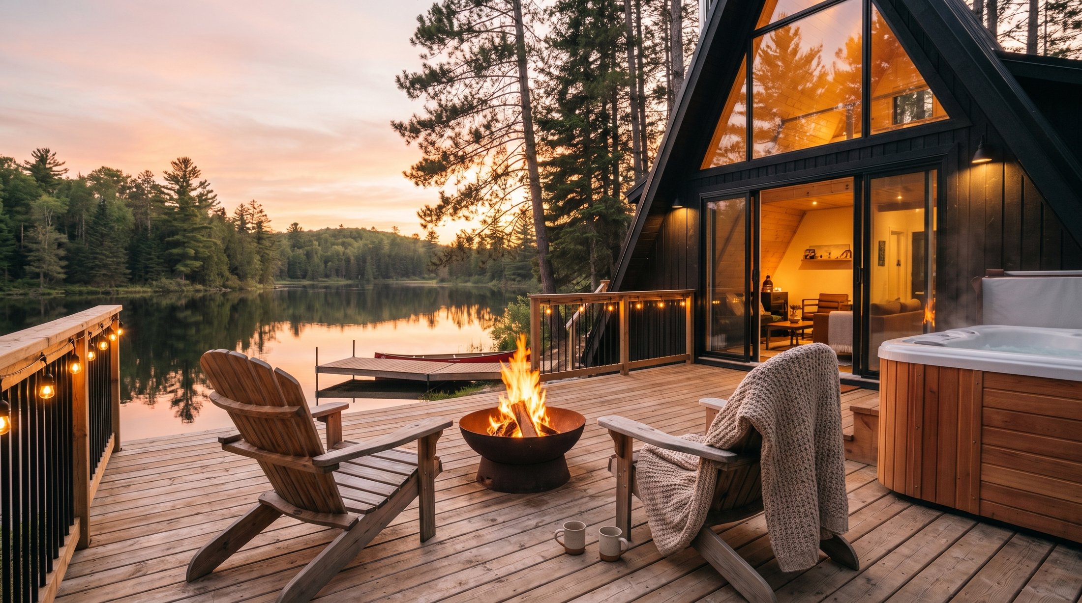 Lakeside deck with two Adirondack chairs and a fire bowl at golden hour