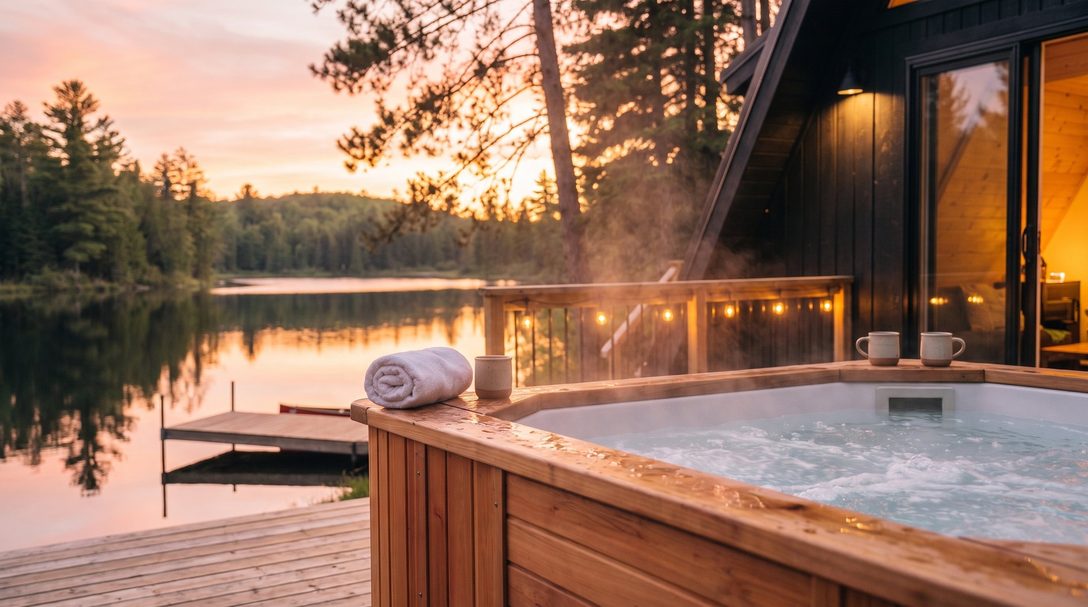 Steaming cedar hot tub beside the cabin in the pines