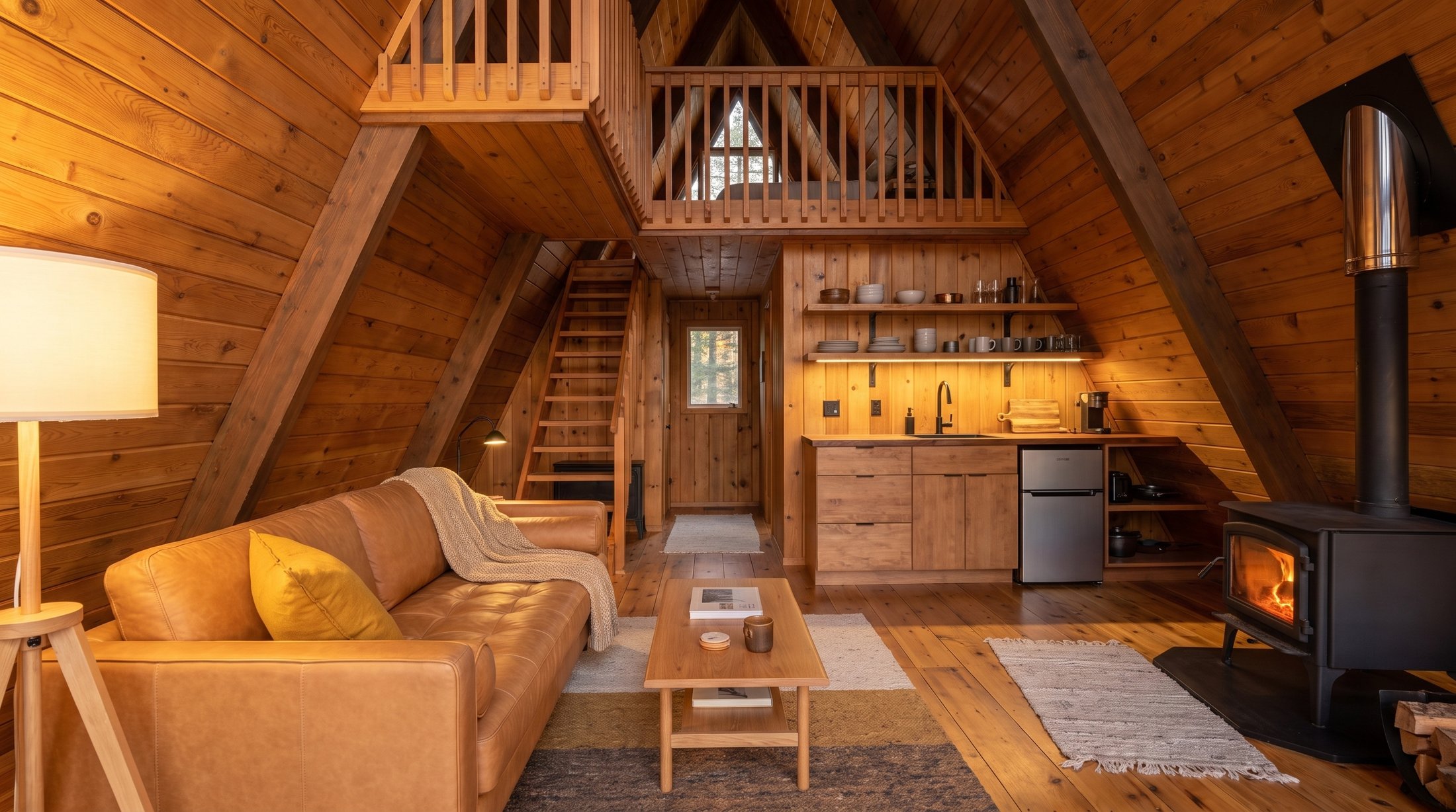 Looking back through the great room to the staircase and loft