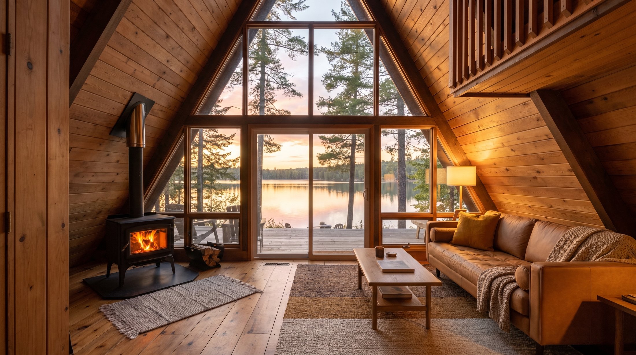 Great room with a tan sofa facing the wall of glass and a black wood stove