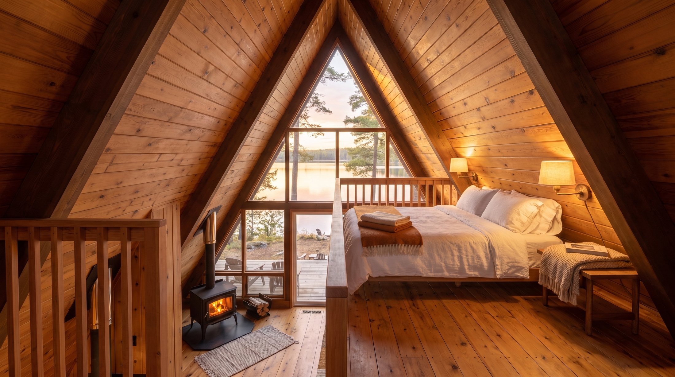 Loft bedroom tucked under the A-frame ridge