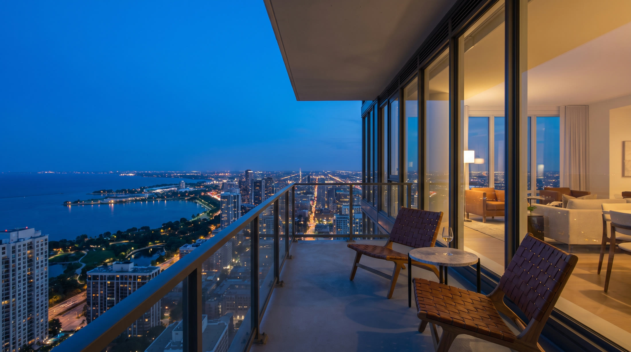 Wraparound balcony with a panoramic skyline view