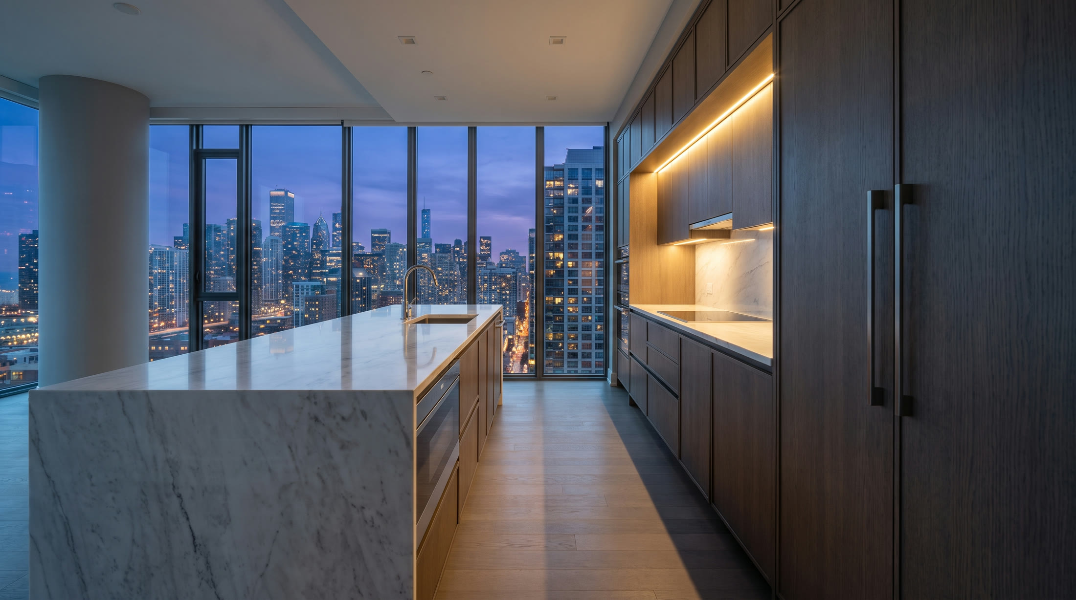 Marble island kitchen with the city beyond