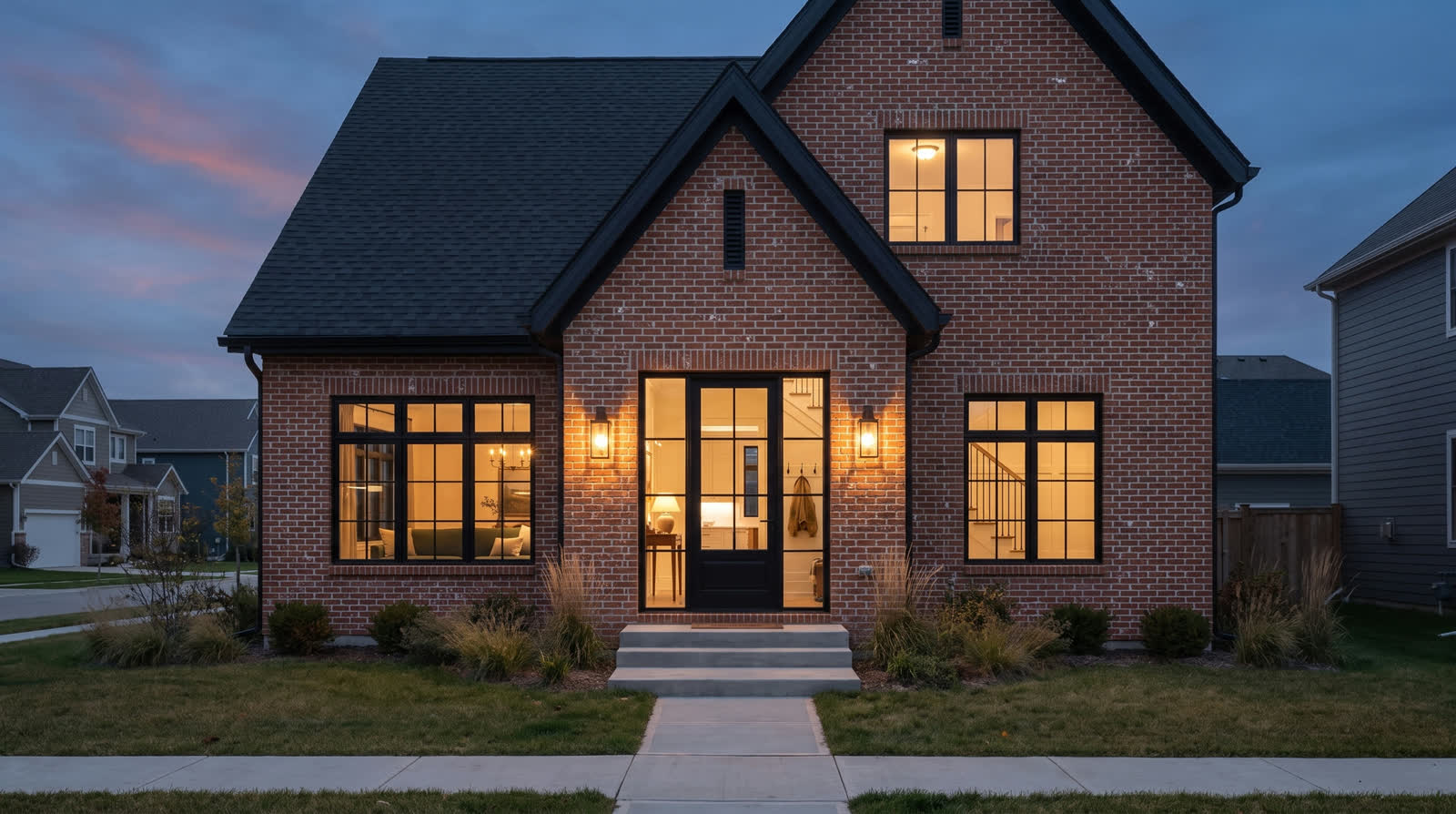 A property exterior after Compeo — warm golden-hour light, windows aglow.